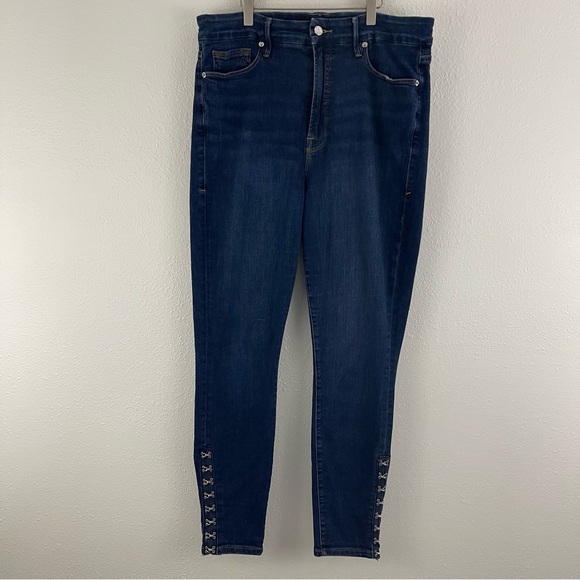 GOOD AMERICAN Dark Wash Denim Good Waist High Rise Hook & Eye Skinny Jeans - Picture 2 of 11
